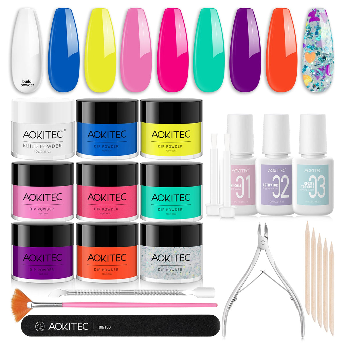 Aokitec All Season Dip Powder Nail Kit - Spring Summer Hot Pink Blue Neon Yellow Glitter Vibrant Series