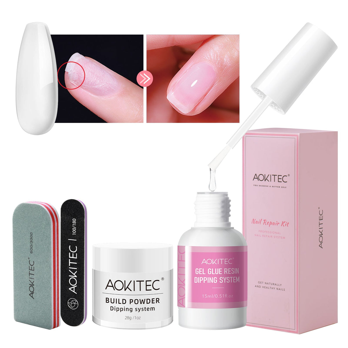 Aokitec Nail Repair Kit - 28g Clear Build Powder + 15ml Repair Glue for Broken Cracked Split Weak Nails
