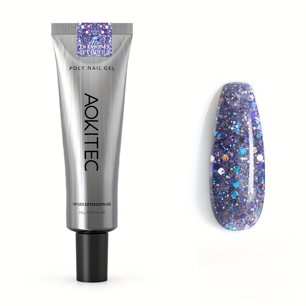 Aokitec Glitter Purple Poly Nail Gel 60ml Quick-Build Extension Gel for Salon & DIY Nails
