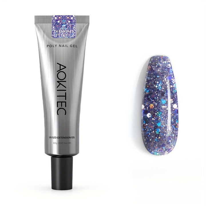 Aokitec Glitter Purple Poly Nail Gel 60ml Quick-Build Extension Gel for Salon & DIY Nails