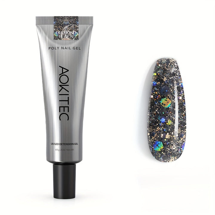 Aokitec Glitter Black Poly Nail Gel 60ml Quick-Build Extension Gel for Salon & DIY Nails