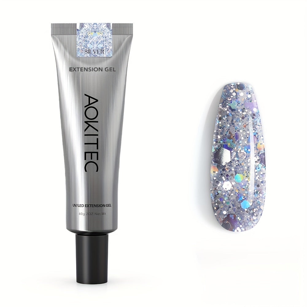 Aokitec Diamond Silver Poly Nail Gel 60ml Quick-Build Extension Gel for Salon & DIY Nails