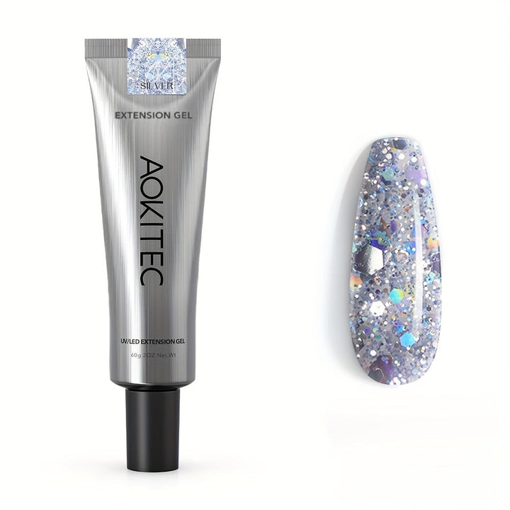 Aokitec Diamond Silver Poly Nail Gel 60ml Quick-Build Extension Gel for Salon & DIY Nails