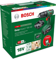 Bosch taladro percutor a batería EasyImpact 18V-40 (2x batería de 2,0 Ah, sistema de 18 V, set de destornilladores y brocas para madera, piedra y metal de 43 piezas, en caja)