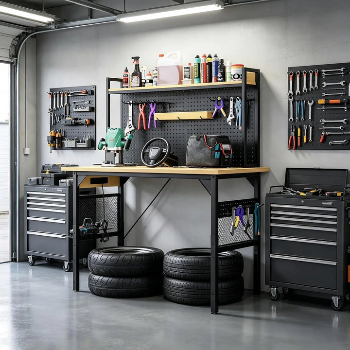 Banco de trabajo regulable en altura de 120 cm con pared perforada, banco de trabajo enrollable con ruedas, enchufes, USB y Type-C, mesa de taller con gancho y estante, banco de trabajo pesado para