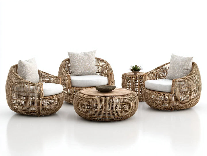 Sofás de jardín ratán natural con cojines beige y mesa redonda 180x80x75 cm - diseño moderno para exterior