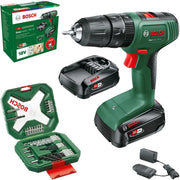 Bosch taladro percutor a batería EasyImpact 18V-40 (2x batería de 2,0 Ah, sistema de 18 V, set de destornilladores y brocas para madera, piedra y metal de 43 piezas, en caja)
