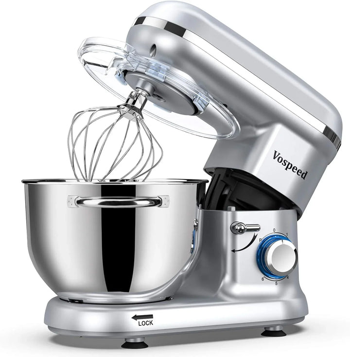 Batidora Amasadora Vospeed 1500W, Amasadora de Pan Para Repostería 6.2 L, Bol de Acero Inoxidable, Varillas Batidoras, Varillas Amasadoras (plata)