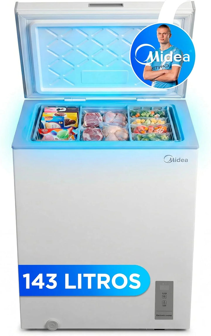 MIDEA Arcon Congelador Pequeño de 143L | Congelador Horizontal Convertible a Frigorífico con Motor Inverter, Control Electrónico de Temperatura, Cestas con Asa | Arcón Silencioso 37 db Bajo Consumo
