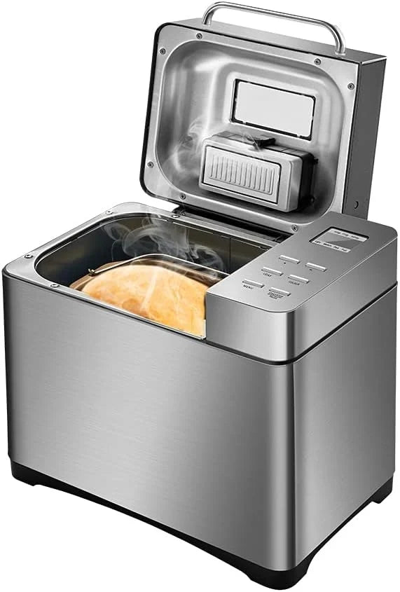 Panificadora con 19 programas de cocción y temporizador, molde antiadherente, dispensador automático y función de mantenimiento en caliente, incluye 7 accesorios