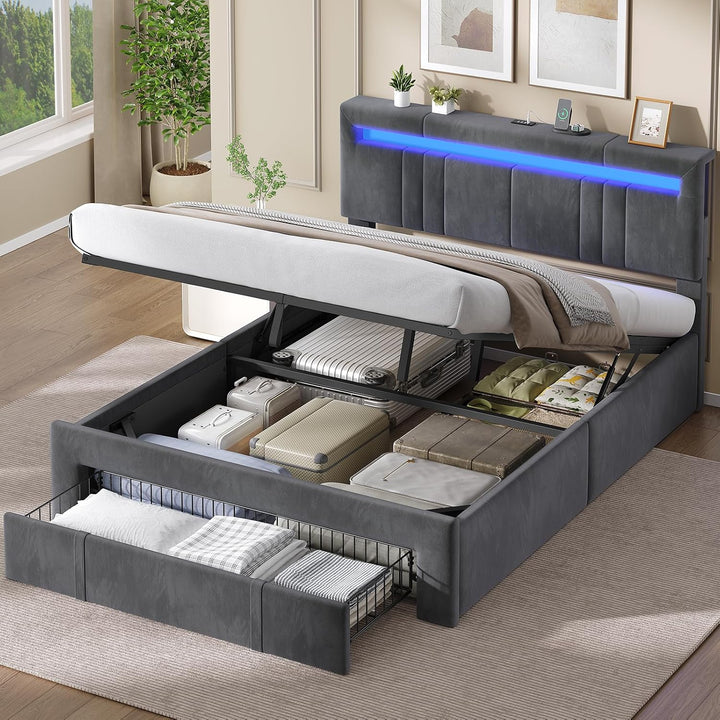 AGOLLATI Double Beds 140 x 200 cm with Hydraulic Storage, Upholstered Bed Frame with LED Youth Bed Canape with Charging Station Bed with Adjustable Headboard and Drawers Bed Frame Velvet