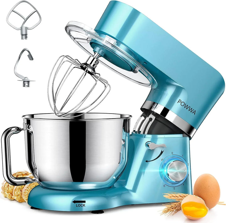 Batidora Amasadora, POWWA Amasadora de Pan Repostería 1500W, 6 Velocidades con Pulso, Potente y Bajo Ruido, Robot de Cocina Amasador Multifuncional, Bol de Acero Inoxidable 6.2 L Capacidad-Azul