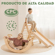 5 en 1 Montessori Juego de Escalada Interior para Niños Pequeños - Gimnasio de Madera para Niños Escalera Triangular & Arco & Rampa de Escalada & Red & Cojín - Gimnasio de Madera para niños pequeños
