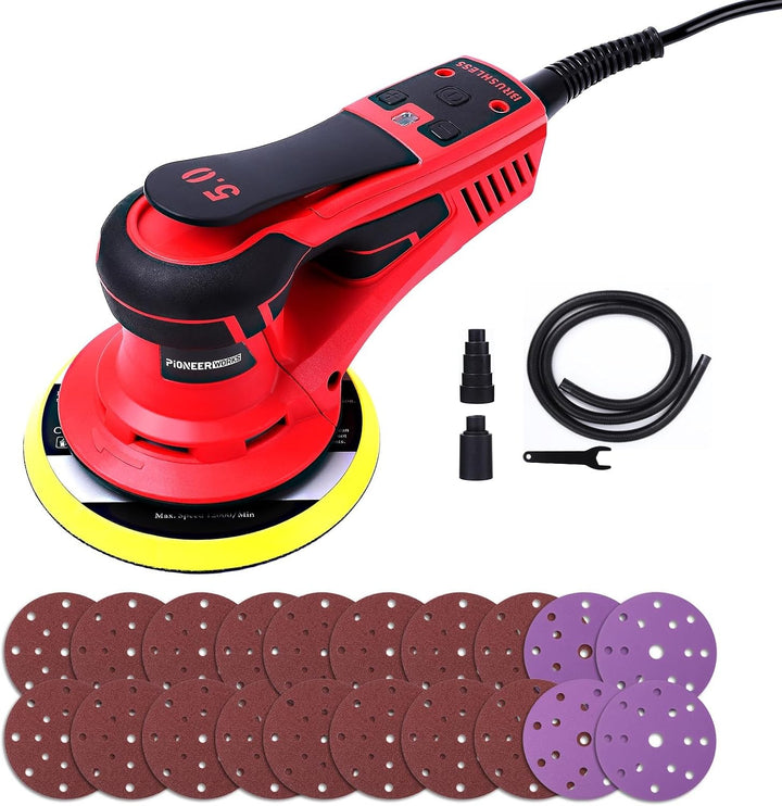 Lijadora Excéntrica 5.0 mm sin Escobillas PioneerWorks, 350W Lijadora Orbital 150mm, 4000-10000RPM, para Superficies de Madera, Incluye 12 Hojas de Papel de Lija