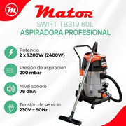 Aspirador Industrial Profesional Swift TB319 60L-2B. Aspirador Potente seco y húmedo. 2 Motores de 1200W (2400W). Depósito de 60 litros de Capacidad de Acero Inoxidable.