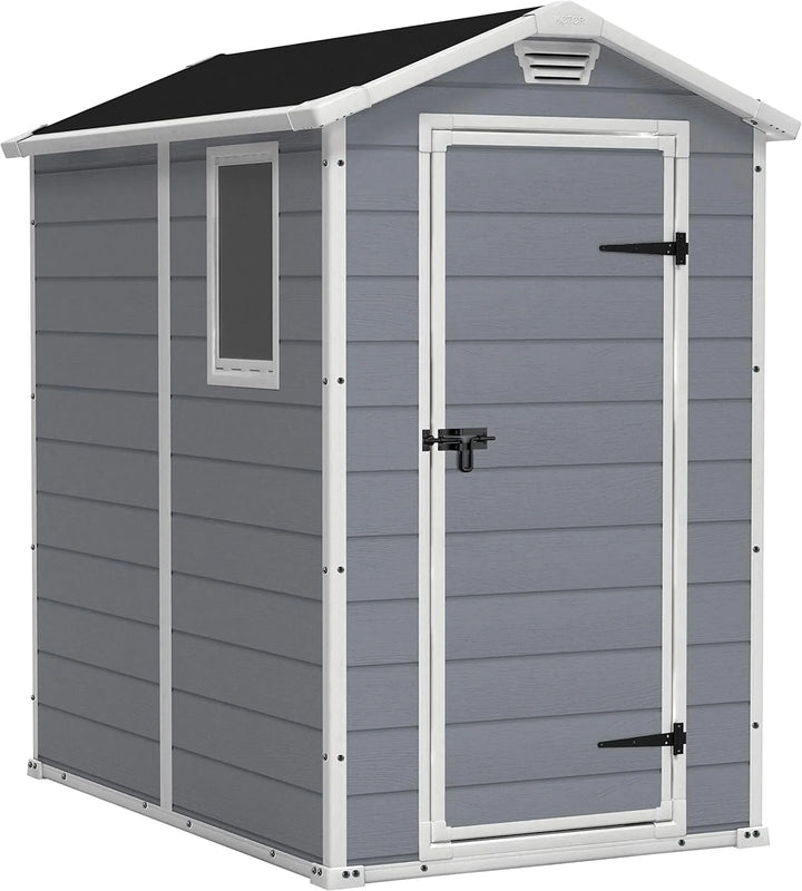 Keter Manor 4X6 - Caseta de jardín, 130x192x198cm y 2,2m2, Suelo, Sistema de ventilación, Puerta y Ventana, Resistente al Agua, Color Gris
