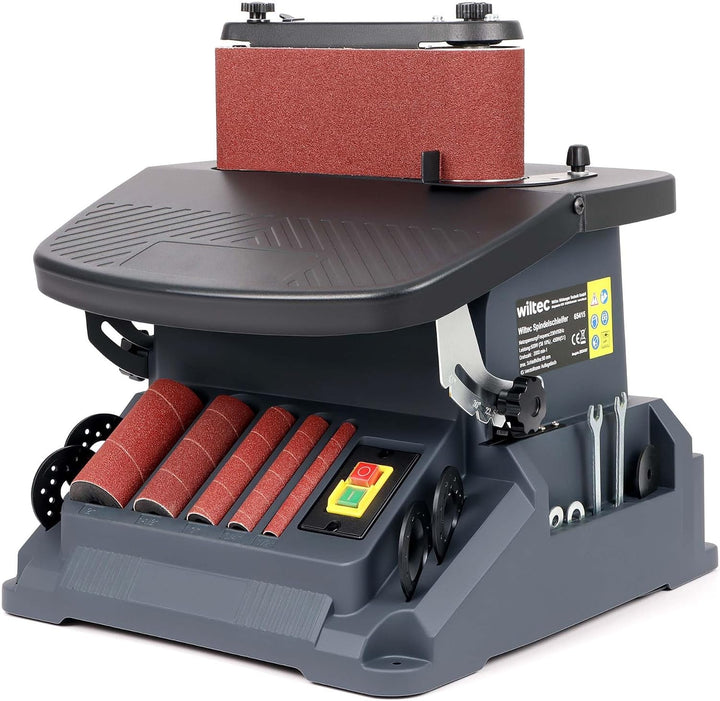 Wiltec Lijadora de banda con husillo oscilante 500 W inclinable hasta 45° pulidora de cinta con 5 manguitos de lijado y carrera de oscilación de 16 mm, 2000 rpm