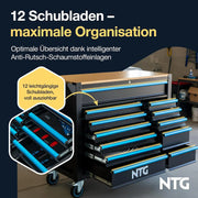 NTG Carro de herramientas XXL – 471 piezas incluidas – 12 cajones con tablero de trabajo de madera, con llave, móvil sobre ruedas – Gabinete profesional de metal para garaje y taller