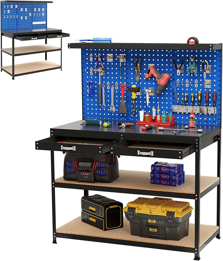 SOARS Banco de Trabajo con Paredes Perforadas, Banco Metálico para Herramientas con 3 Estantes Abiertos y Accesorios Colgantes para Garaje, Taller (Azul, 121 x 61 x 156 cm)