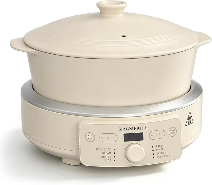 MAGNIFIQUE - Olla de cocción lenta, olla de arcilla 8 en 1 de 4.5 cuartos de galón, olla de cocción lenta no tóxica para arroz, pasta, vapor y a prueba de vapor, antiadherente, apta para horno hasta
