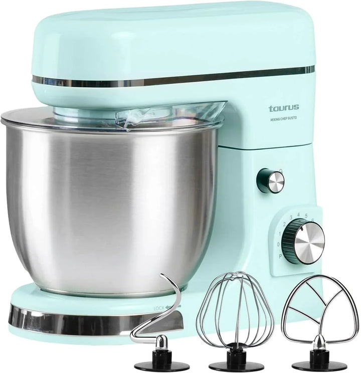 Taurus – Batidora amasadora Mixing Chef Gusto | 1300 W | 8 Velocidades + Pulse | Bol Acero Inoxidable 5 L | Cabezal inclinable | Tapa Anti salpicaduras | Accesorios para batir, montar y amasar