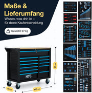 NTG Carro de herramientas XXL – 471 piezas incluidas – 12 cajones con tablero de trabajo de madera, con llave, móvil sobre ruedas – Gabinete profesional de metal para garaje y taller