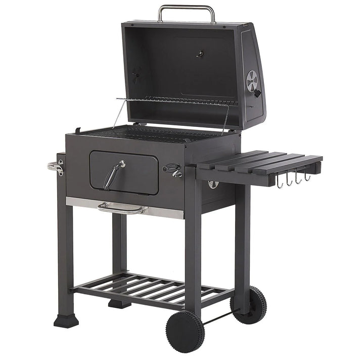 Barbacoa De Carbón Parrilla De Acero Gris Con Tapa Rejilla Ruedas 2 Estantes Termómetro Cenicero Extraíble Jardín Pavlof - Gris