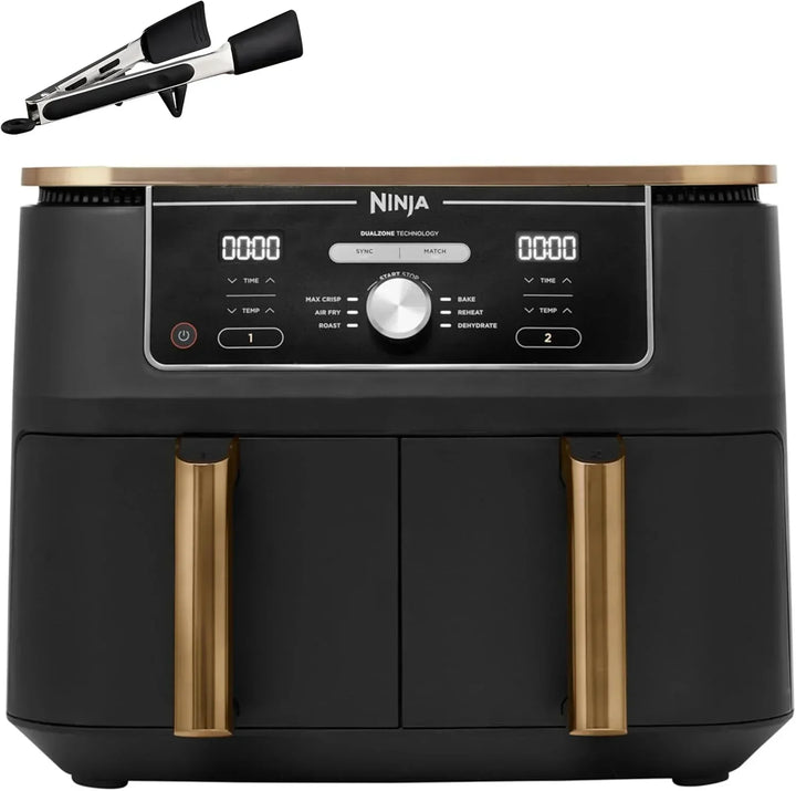 Ninja Foodi MAX Dual Compartment Air Fryer, 9.6L, 6-in-1, No Oil, Max Crisp, Roast, Bake and More, Tongs, 8 Servings, Non-Stick Baskets, Copper & Black, AF400EUCP