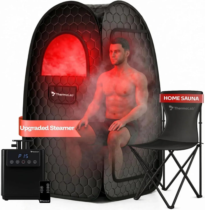 ThermoLab Sauna portátil – Sauna mejorada 2025 Premium Home 1000 W 2.6L vaporizador, silla y luz LED infrarroja – Tienda de campaña de sauna para recuperación, desintoxicación y alivio del estrés –