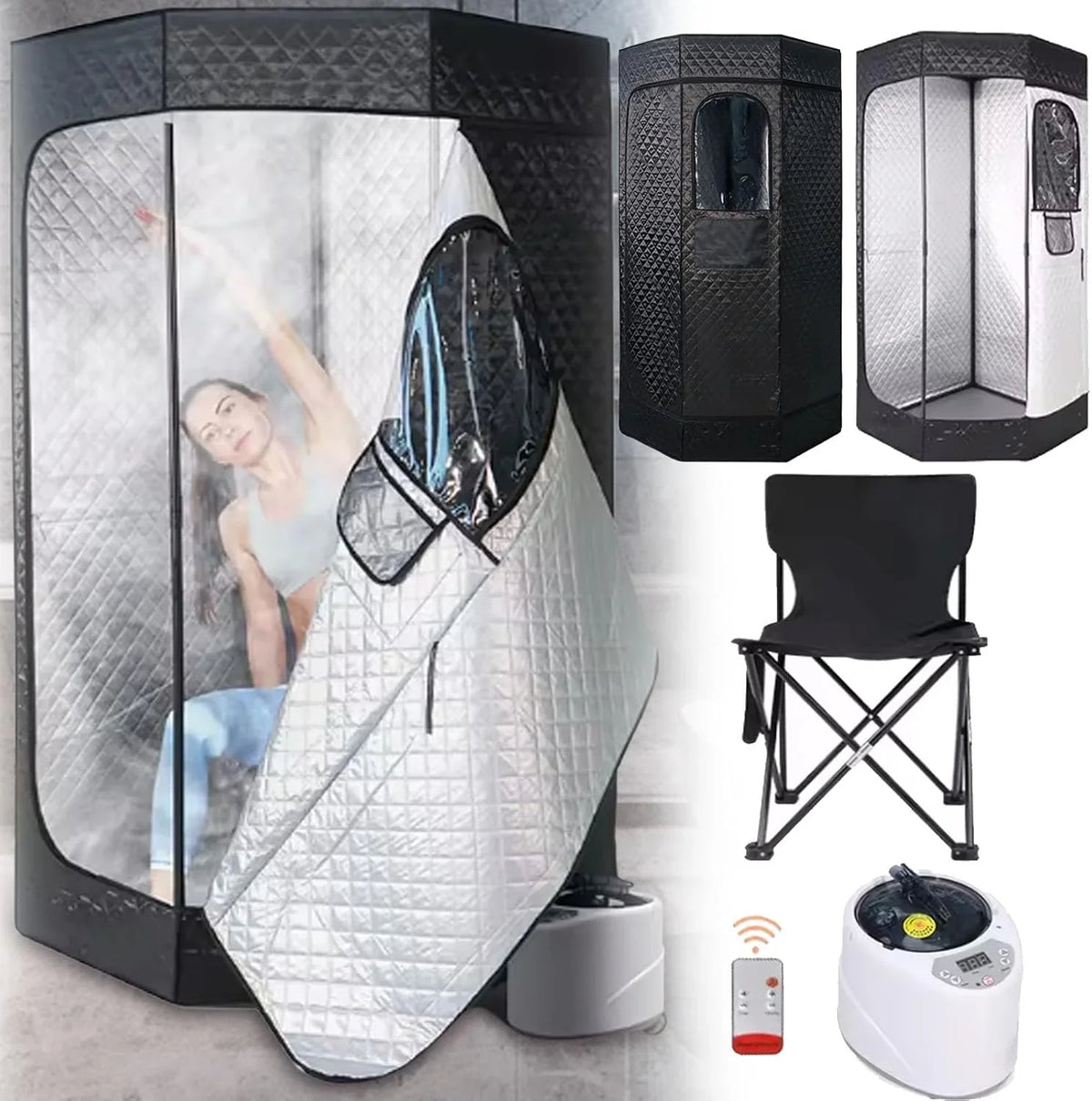 Sauna Tienda Campaña Para Sauna, Cabina Sauna Generador Sauna Vapor Tienda Sauna Portátil Aire Libre Temporizador Y 9 Niveles Temperatura Con Sauna Vapor Olla Vapor 3L Silla Plegable Control Remoto
