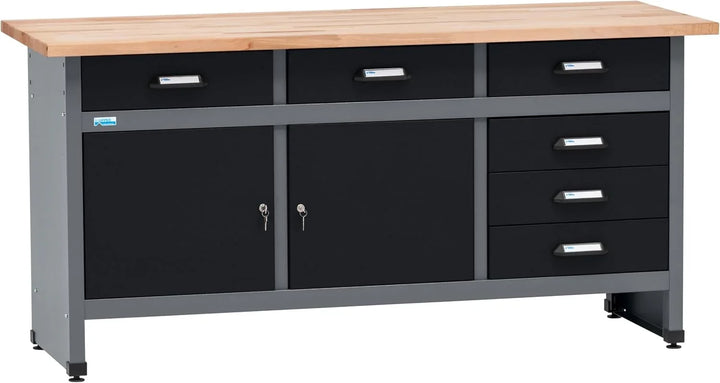 Küpper Banco de Trabajo 12170, 170 x 84 x 60 cm, 6 cajones, 2 Puertas, Carga de 300 kg, Superficie de Trabajo de Haya Maciza de 30 mm (Negro, 170 x 84 x 60 cm)