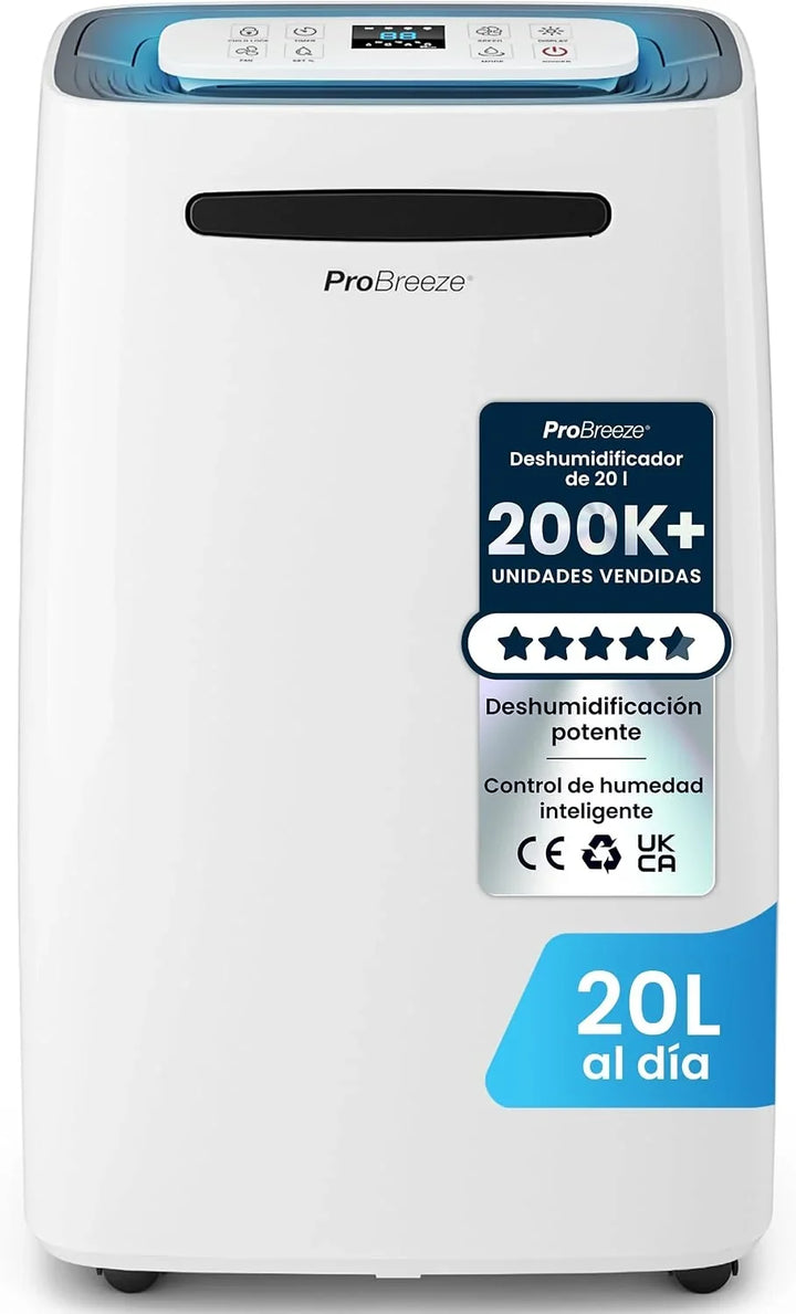 Pro Breeze Deshumidificador 20L Antihumedad, Deshumidificador Silencioso para Habitaciones hasta 30 m², Depósito Extraíble, Desagüe Continuo, 4 Modos, Temporizador 24 h, Seca la Ropa
