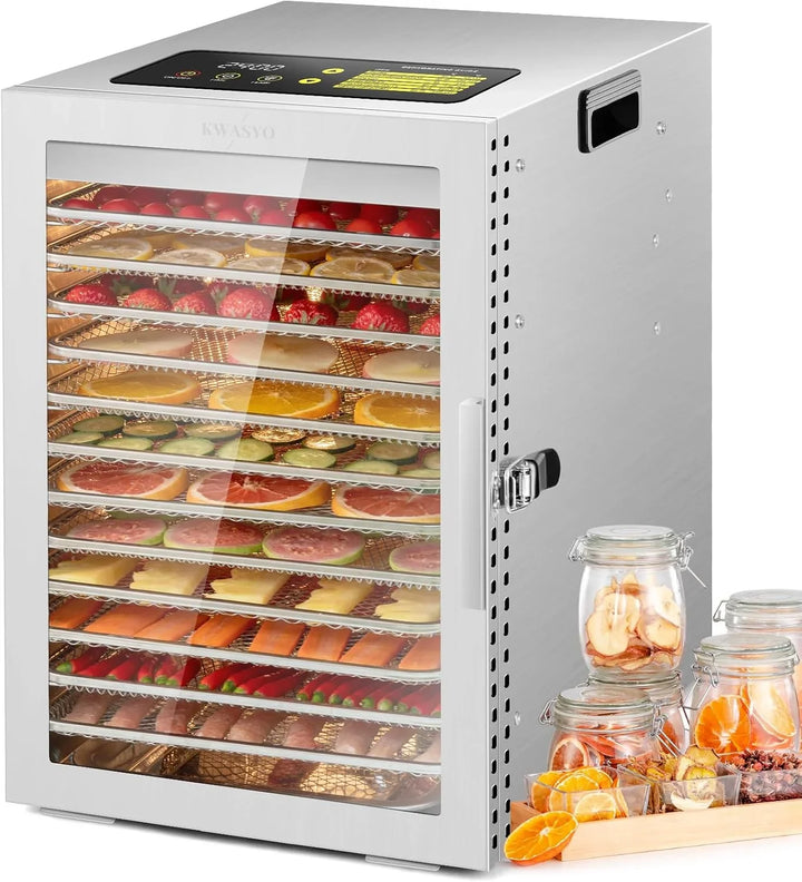Kwasyo Deshidratador de Alimentos de Acero Inoxidable con 12 Bandejas, Secado eficiente de 360° con doble ventilador, Temporizador 24 horas, Temperatura: 30 a 90℃, deshidrata fruta, carne, verduras